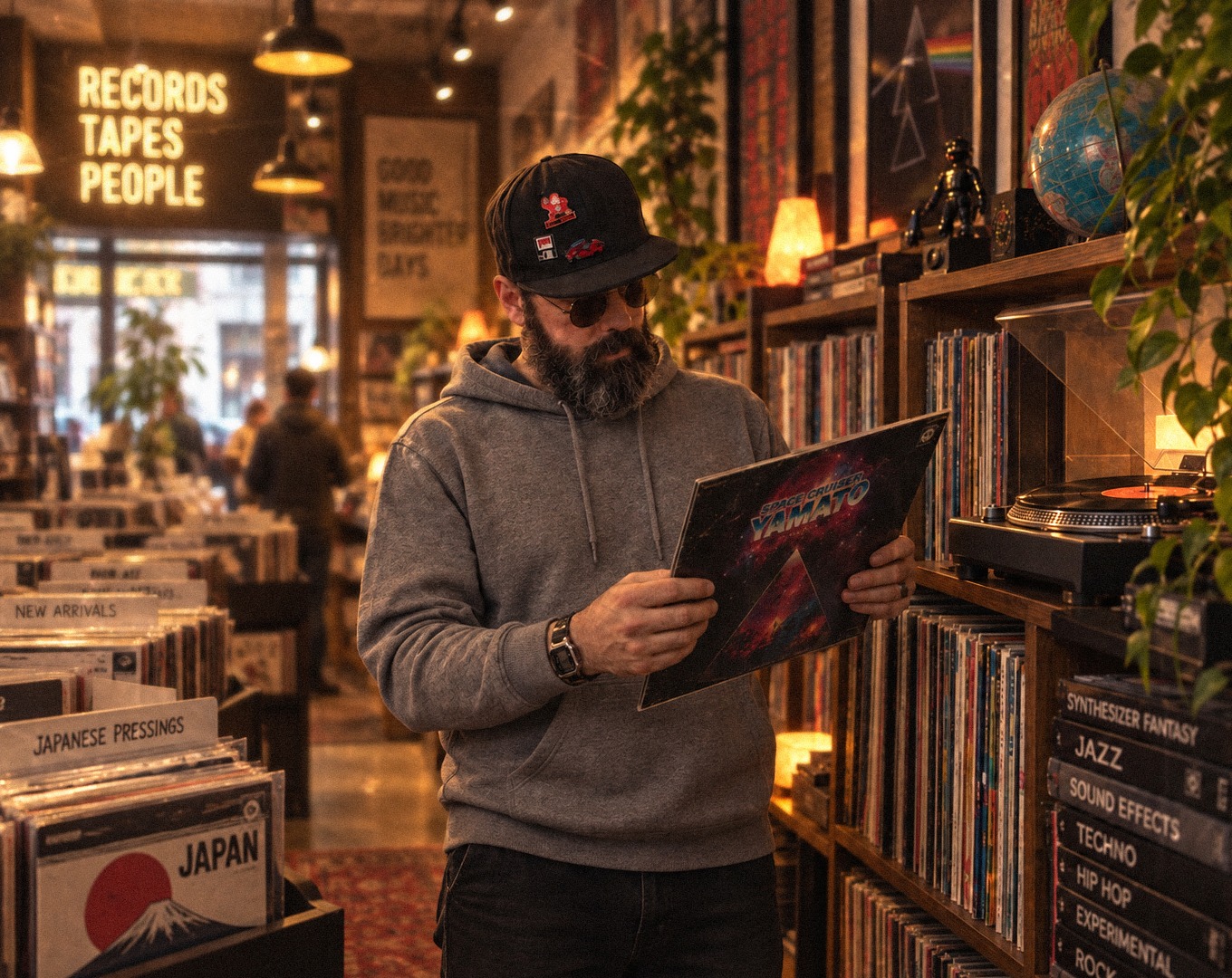 Taylor Jordan browsing records in a record store